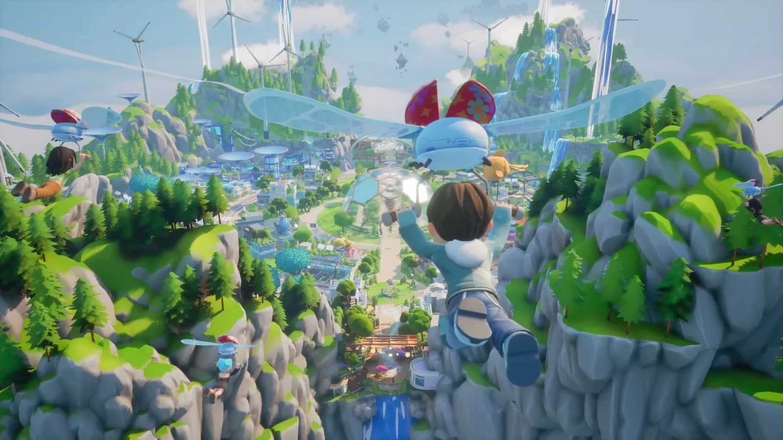 Character gliding over the floating island city in the official trailer